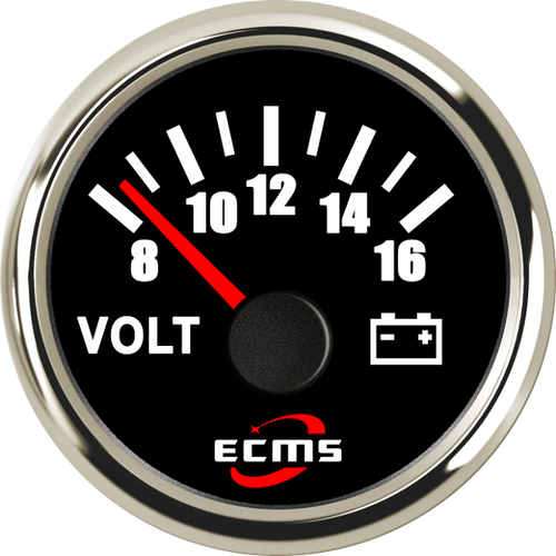 ECMS Voltmeter 8-16V - Black & Chrome - Dia 2" 52MM 12V Volt Meter Boat Marine Part#: 800-00059